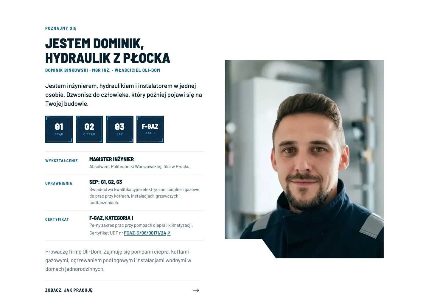 Sekcja „Poznajmy się”: uprawnienia jako odznaki z wyjaśnieniem.